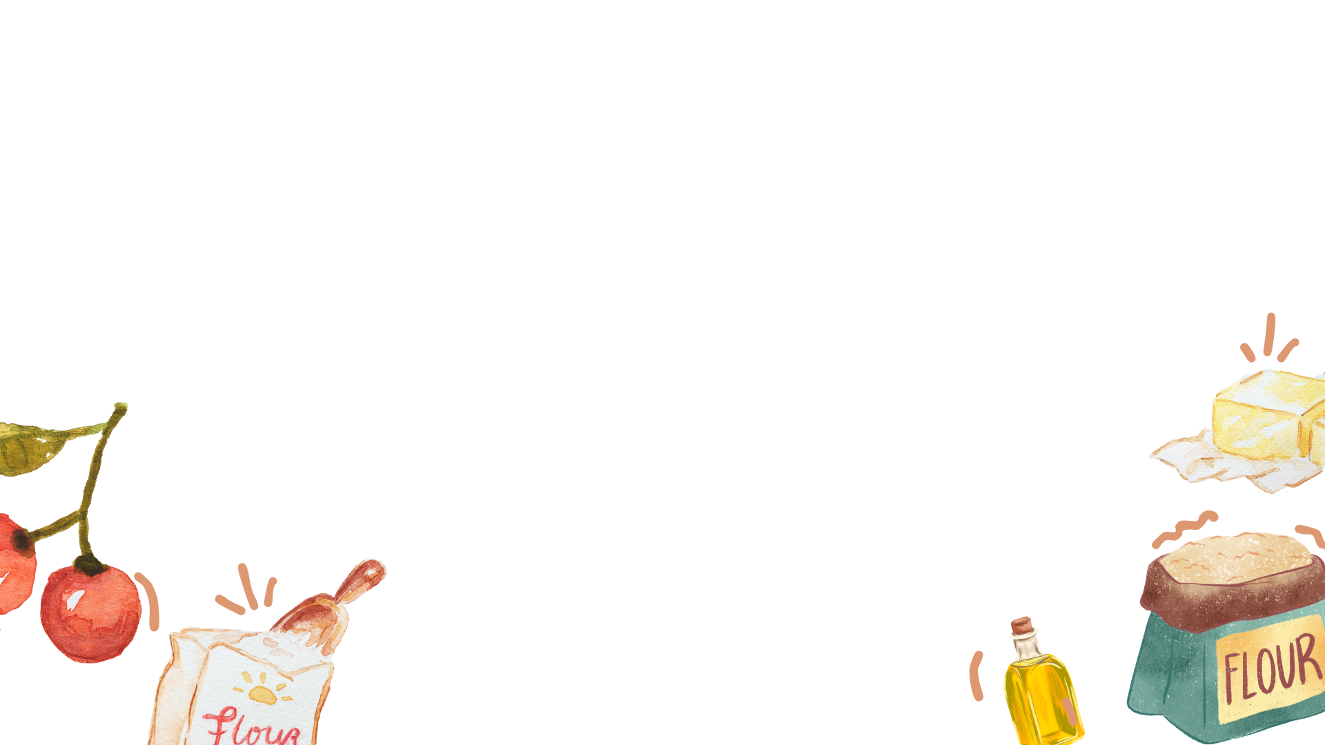Illustration of kitchen items including flour, oil, and butter on a white background